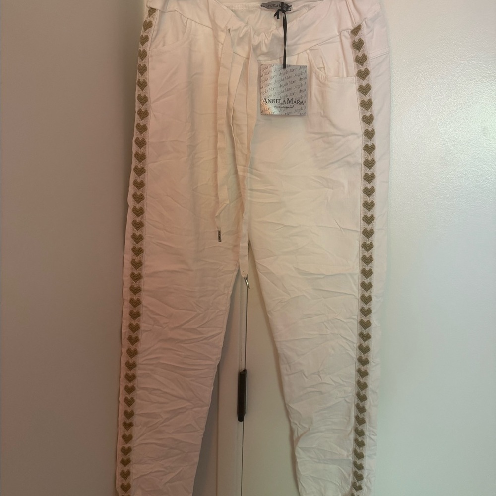 Angela Mara White Pants with Gold Accents